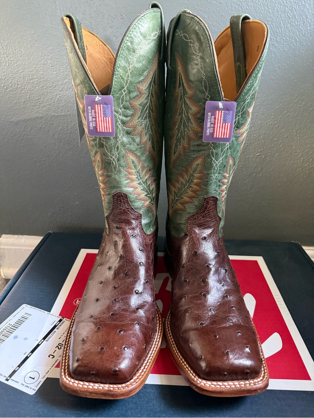 Tony Lama Brown Ostrich Western Boots with Green Embroidered Shaft - Picture 6 of 9